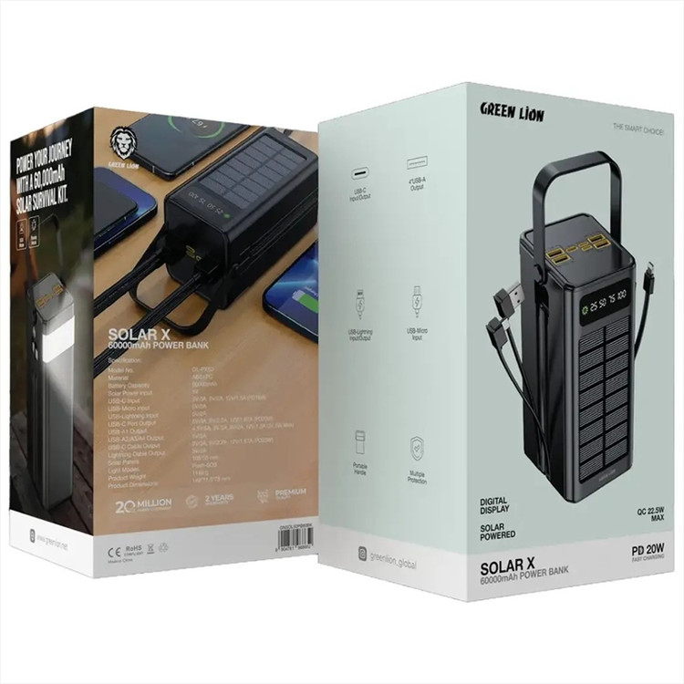 پاوربانک خورشیدی گرین لاین 60000 مدل Solar X با توان 22.5 وات و کابل متصل