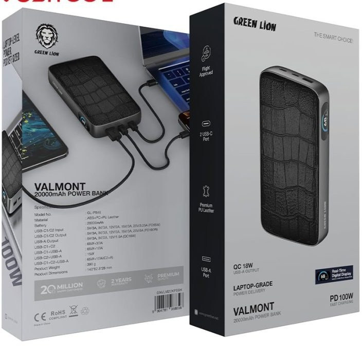 پاوربانک 100 وات 20000 گرین لاین Green Lion Valmont Power Bank GNVLM20KPBBK - فروشگاه اپل پلاس