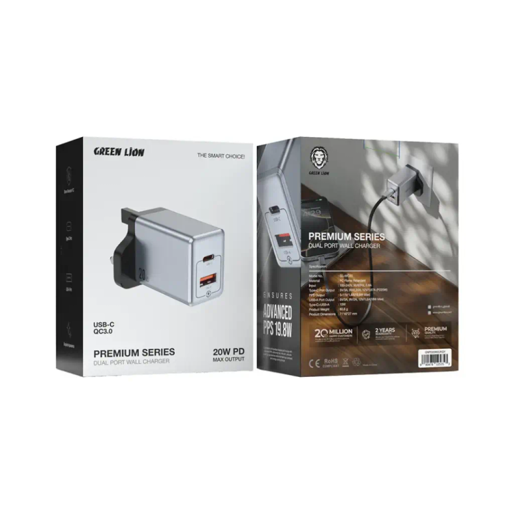 آداپتور 20 وات پرمیوم گرین لاین مدل GNPD20W2UK Green Lion Premium Series Dual Port Wall Charger 20W