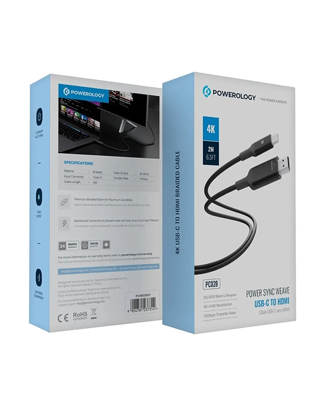 کابل تبدیل USB-C به HDMI پاورولوژی 2 متری 4K POWER SYNC WEAVE مدل PC028 - فروشگاه اپل پلاس