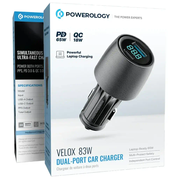 شارژر فندکی پاورولوژی Powerology Velox 66W Dual-Port Car Charger PCCSR021 - فروشگاه اپل پلاس