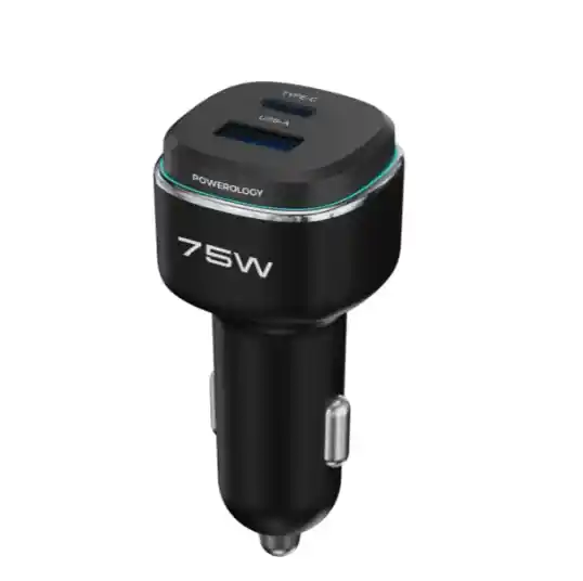 شاژر فندکی دو پورت 75 وات پاورولوژی Powerology 75W Car Charger PCCSR024BK - فروشگاه اپل پلاس