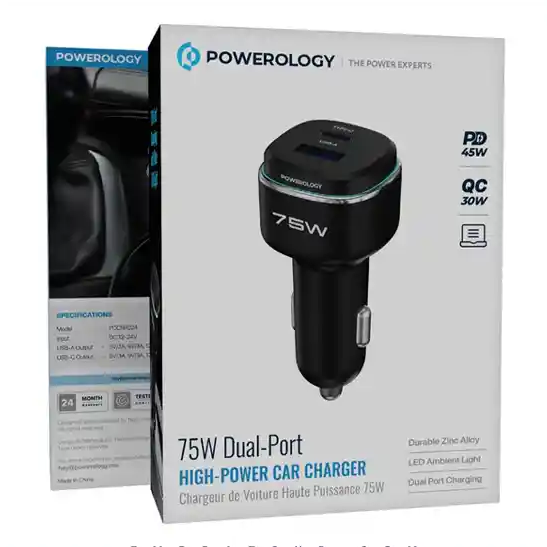 شاژر فندکی دو پورت 75 وات پاورولوژی Powerology 75W Car Charger PCCSR024BK - فروشگاه اپل پلاس