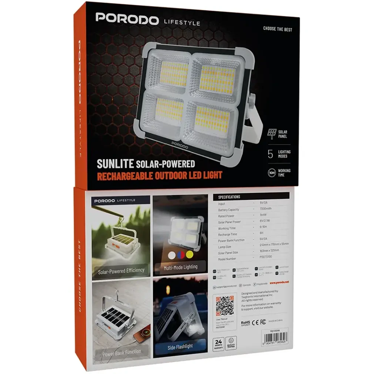 چراغ خورشیدی قابل شارژ Porodo Sunlite مدل PDQTS100WH - فروشگاه اپل پلاس