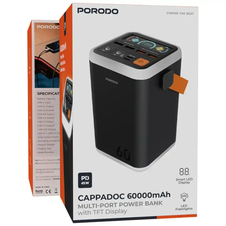 پاور بانک پرودو Porodo PBFCH4560 Power Bank 60000MAH 45W - فروشگاه اپل پلاس