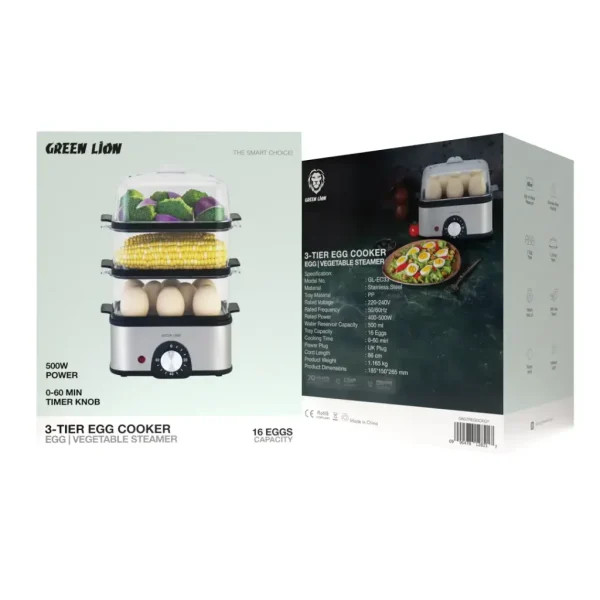تخم مرغ پز و بخار پز سبزیجات سه طبقه گرین لاین Green Lion 3-Tier Egg Cooker Vegetable Steamer 500W